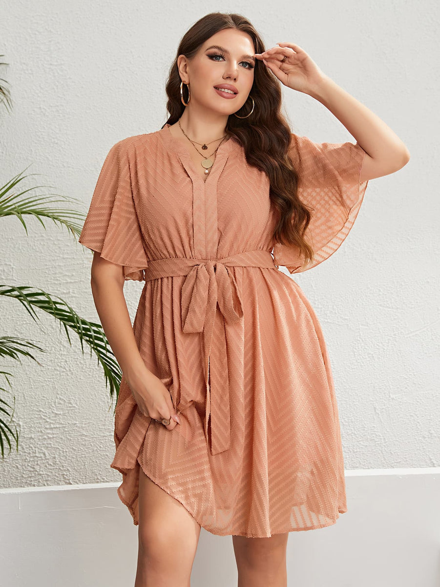 Plus Size Tie Neck Tassel Detail Long Sleeve Mini Dress