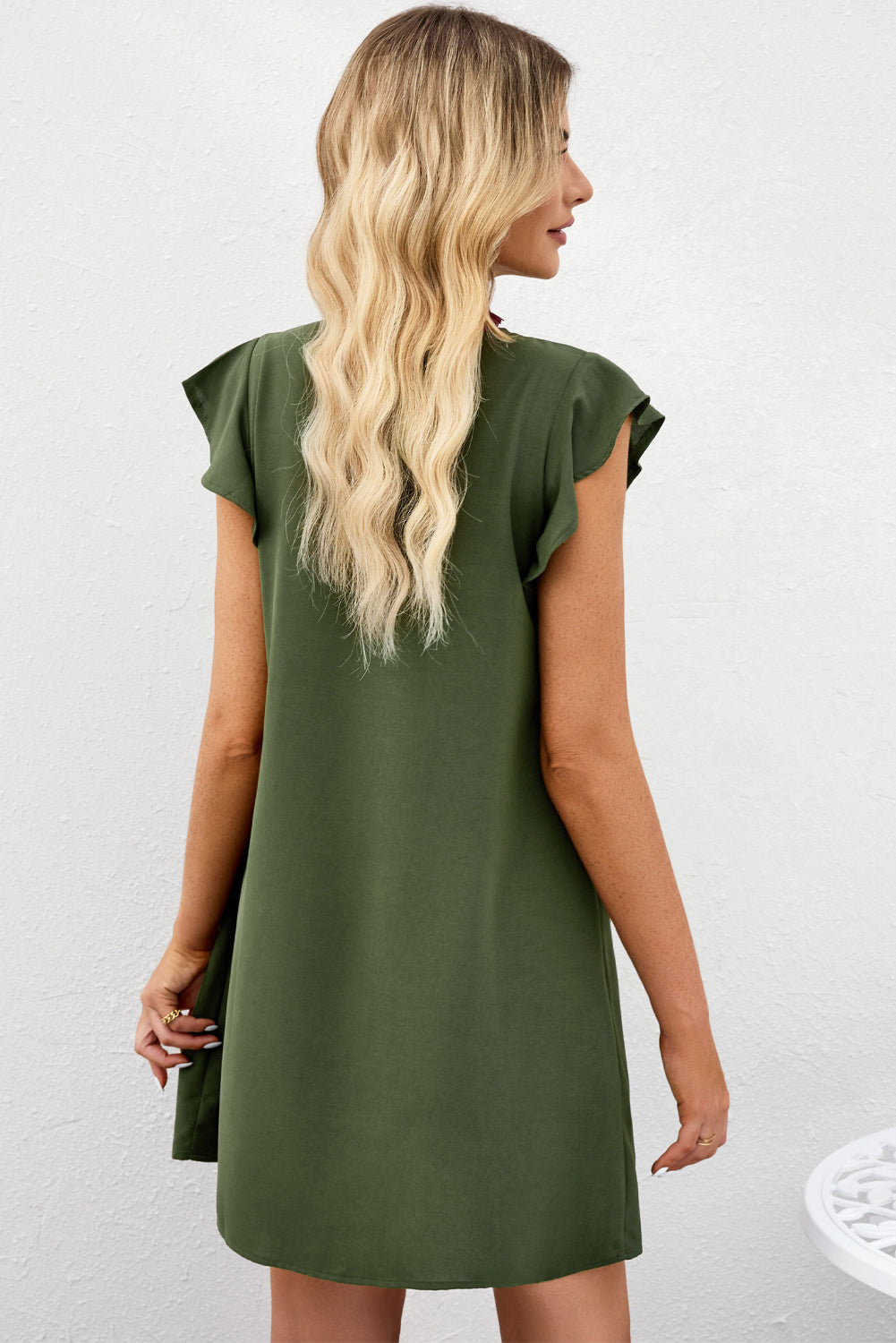 Tie Neck Flutter Sleeve Shift Dress LG & Collections Tie Neck Flutter Sleeve Shift Dress LG & Collections